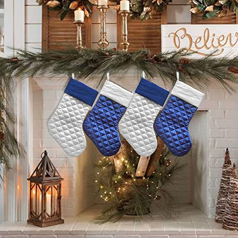 Ivenf Christmas Stockings, 4 Pcs 18 inches Blue Silver Faux Silk Quilted Thick Luxury Stockings, for Family Holiday Xmas Fireplace Decorations