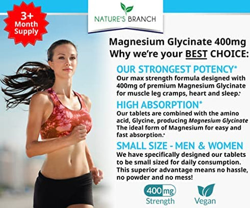 Magnesium Glycinate 400 mg - 200 Tablets - High Absorption, Non Buffered Bisglycinate Mag Supplement for Sleep, Leg Cramps, Heart, Ease Muscles, Calm Headaches for Women and Men, Non Powder Capsules