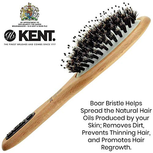 Kent PF02 Small Cushion Detangler Brush, Boar Bristle and Non-Scratch Nylon Mix Hairbrush for Straightening Smoothing. Oval Wood Paddle Detangling Hair Brush for Medium to Long Hair, Made in England