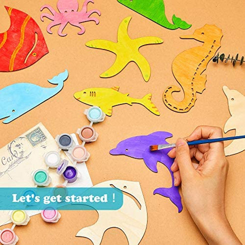 WILLBOND Unfinished Wood Cutouts Ocean Animals Wooden Paint Crafts for Kids Home Decor Ornament DIY Craft Art Project, Octopus, Shark, Whale, Dolphin, Seahorse, Fish Shape (28 Pieces)