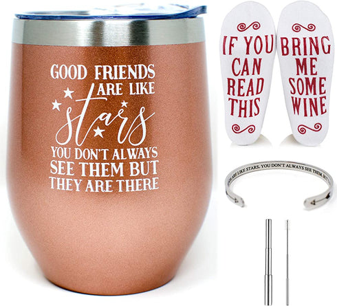 Good Friends Are Like Stars - Best Friend Birthday Gifts for Women - Funny Wine Tumbler with Sayings and Socks Inspirational Friendship Cuff Bracelets Gift Set for Women Mom Soul Sisters BFF Besties