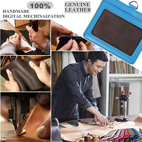 Lucstar Professional ID Badge Holder with Clip Lanyard Horizontal,Genuine Leather Badge Holder Heavy Duty, Clear Window Coach Name Holder for Women Men Work Student ID, Nurse Company(Azure)
