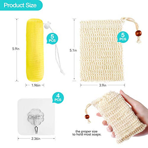 10 Pcs Soap Saver Bag Exfoliating Pouch Mesh and Natural Sisal Soap Bag Ramie Soap Sock Bag Sisal Loofah Net Bags 5 Wall Hooks for Massaging & Scrubbing 5 Wall Hooks