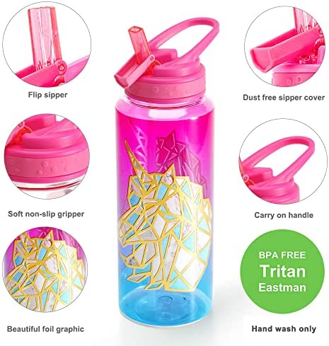 Cute Water Bottle with Straw for Girls Women, BPA FREE Tritan &Leak Proof & Carry Handle & Pretty Design, 32oz/950ml (Foil Unicorn)
