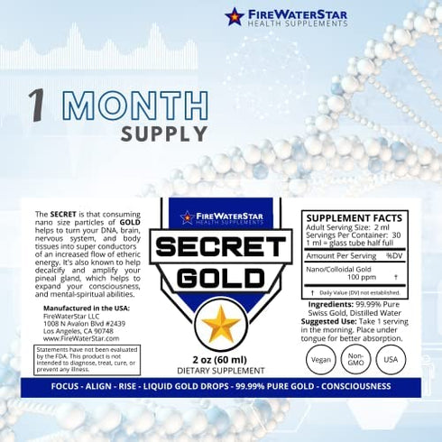 Liquid Gold Drops - Colloidal Gold - Nano Gold - Made from 99.99% Pure Swiss Gold - 100 ppm - Ascension Aid - Brain Boost - Enhance Awareness, Clarity, Dreams, Intuition and Memory