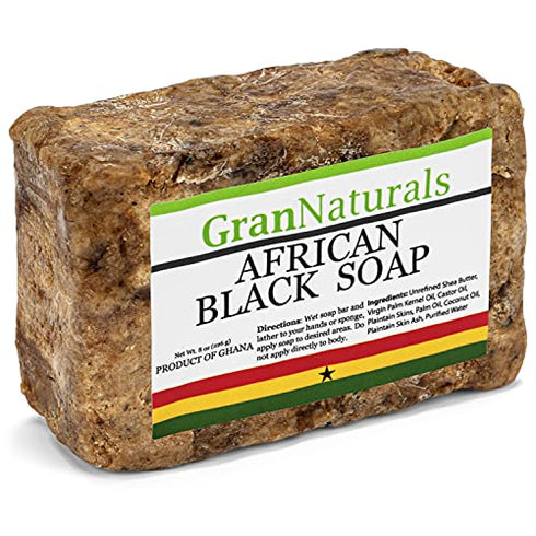 GranNaturals African Black Soap – 8 oz Natural Skincare Bar, Rejuvenating Face, Skin, Body Wash - May Help Remove Dark Spots, Hyperpigmentation, Blemishes, Wrinkles, Fine Lines - Made in Ghana