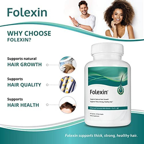 Folexin Hair Growth Support Supplement for Women & Men with Biotin, Vitamin B6 & Other Hair Vitamins for Thicker Hair Growth & Hair Health Support. 60 Capsules