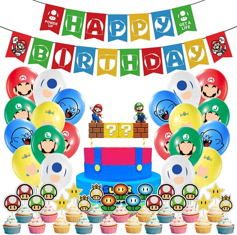 Mario Brothers Party Supplies Mario Birthday Party Supplies Mario Balloons Banner Cake Toppers for Party Decorations, Set of 57 Pcs