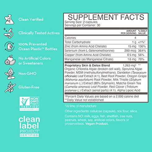 HUM Daily Cleanse Clear Skin Herbal Supplements - Improved Digestive Health + Natural Detoxification Support with Green Algae, Detoxing Herbs & Minerals - Body Detox & Skin Supplement (60 Capsules)