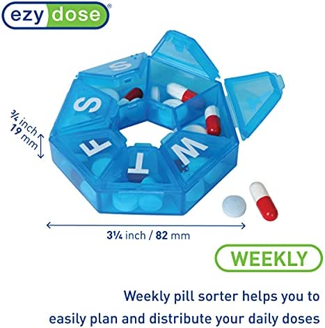 EZY DOSE Weekly Pill Organizer and Planner, Travel Pill Planner, 7-Sided, Colors May Vary