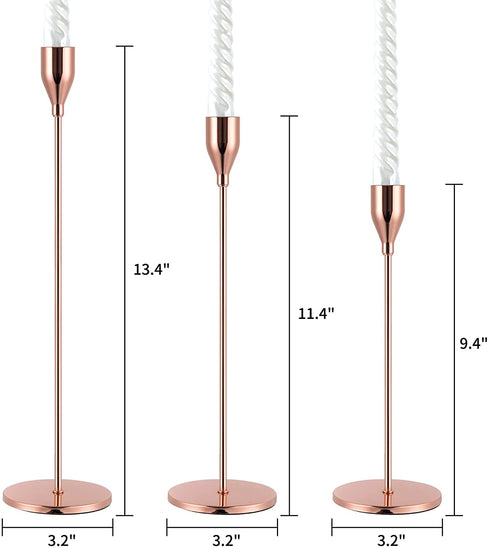 HUPPY Candlestick Holders Set of 3 Designed for Taper Candles, Decorative Candlestick Holder for Wedding, Dinning, Party, Fits 3/4 inch Thick Candle & Led Candles (Metal Candle Stand) (Rose Gold)