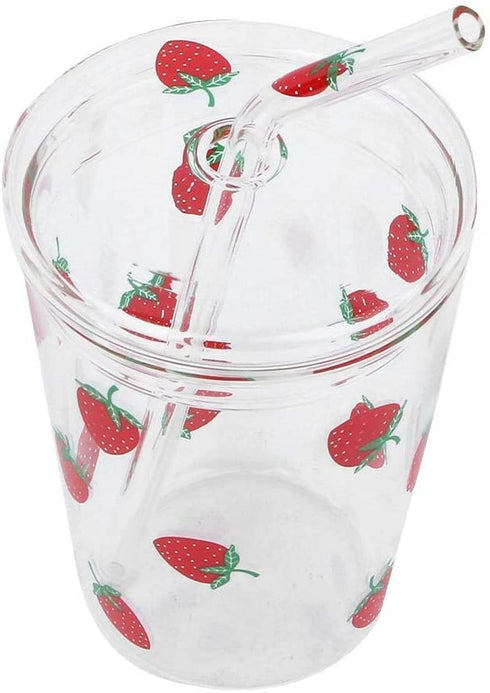 300ml Glass Water Cup with Straw and Lid, Cute Strawberry Mug Glass Milk Bottle Water Juice Smoothie Drinking Cup for Home Office School