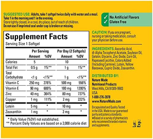 Nature Made Vision Based on the AREDS 2 Formula, Eye Vitamins with Lutein & Zeaxanthin, Vitamin C, Vitamin E, Zinc and Copper for Healthy Vision and Eye Function Support, 60 Softgels, 30 Day Supply