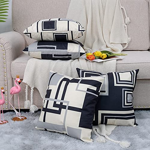 Black and White Throw Pillow Covers Silver Grey Modern Square Geometric Soft Decorative Throw pillows for Couch Bed Bedroom Sofa Set of 4 Outdoor Pillows for patio furniture 18 x 18 Inches.