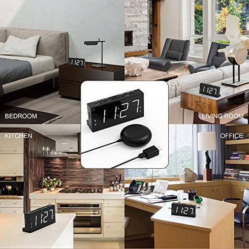 Loud Alarm Clock for Heavy Sleepers, Vibrating Alarm Clock with Bed Shaker for Deaf and Hard of Hearing, Dual Alarm Clock with 7.5'' Large Display,USB Charger, Dimmer, Snooze, 12/24H & Battery Backup