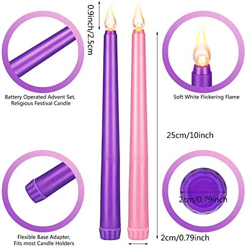 Honoson 4 Pieces LED Flameless Advent Candle Set Purple and Pink Advent Taper Candles for Christmas Advent Rituals, Casting Chimes, Spells
