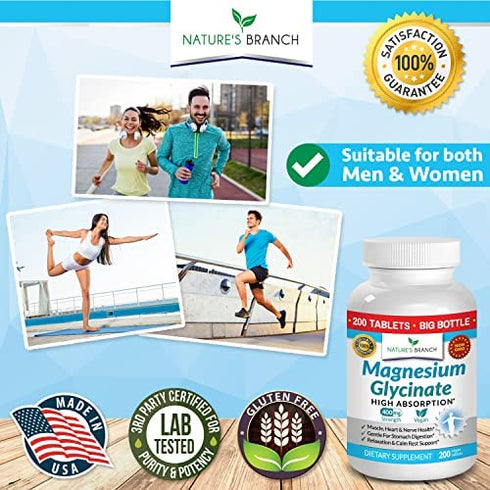 Magnesium Glycinate 400 mg - 200 Tablets - High Absorption, Non Buffered Bisglycinate Mag Supplement for Sleep, Leg Cramps, Heart, Ease Muscles, Calm Headaches for Women and Men, Non Powder Capsules