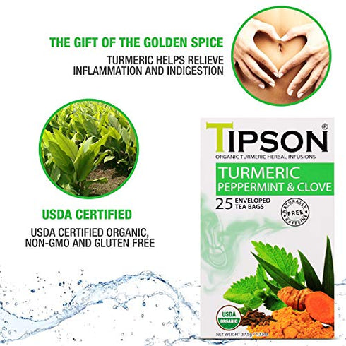 Tipson Organic Turmeric Caffeine Free Herbal Tea - Organic Peppermint and Cloves - 25 Foil Enveloped Double Chambered Bags - Keto/Paleo - Basilur