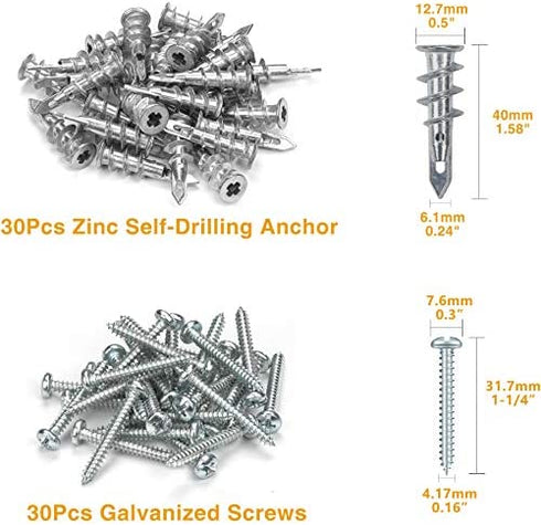 KURUI #8 Zinc Self-Drilling Drywall Anchors, 60PCs Hollow Metal Wall Anchors and Screws Kit, 30 Heavy Duty Anchors + 30#8 x 1-1/4'' Screws, 50-75LB Hanging and Mounting