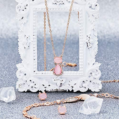 3 Pieces Cat Jewelry for Girls Set Cat Necklace Cat Bracelet Earring Pink Opal Pendant for Teen Girls and Women Christmas Gift