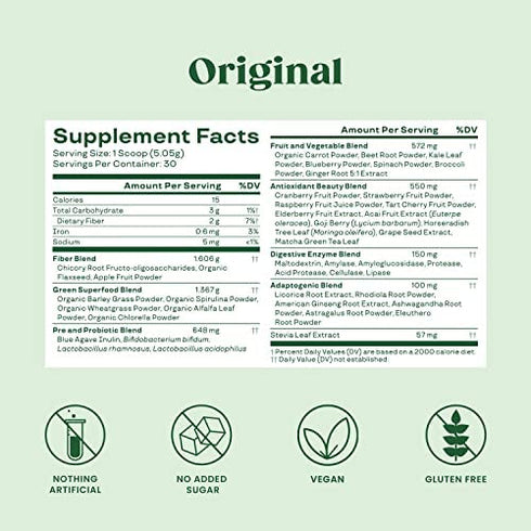 Bloom Nutrition Green Superfood | Super Greens Powder Juice & Smoothie Mix | Complete Whole Foods (Organic Spirulina, Chlorella, Wheat Grass), Probiotics, Digestive Enzymes, & Antioxidants (Original)