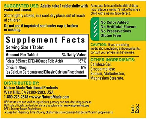 Nature Made Folic Acid 400 mcg (665 mcg DFE), Dietary Supplement for Nervous System Function, 250 Tablets, 250 Day Supply
