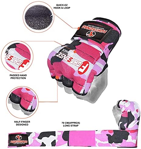 FIGHTSENSE Padded Gel Inner Boxing Gloves for Men and Women with Long Elasticated Hand Wraps for Punching, Boxing, MMA, Muay Thai, Kickboxing and Martial Arts Training (Pair)