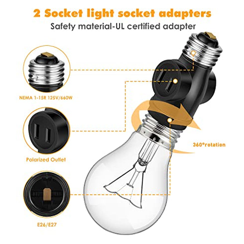 Onite 2pcs E26 Light Bulb Socket to 2 Polarized Outlet Adapter for Retrofitting Garage Porch Light Shop Closet LED String Light, Christmas Lights, Security Cameras, Handy Socket Plugs