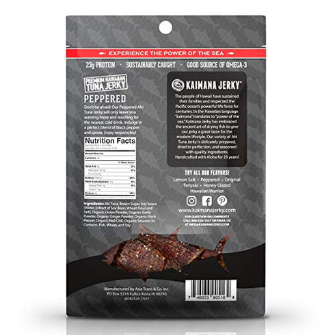 Kaimana Wild-Caught Ahi Tuna Jerky - Peppered | Rich in Omega-3s & High in Protein | All-Natural & Organic Fish Jerky (2 oz)