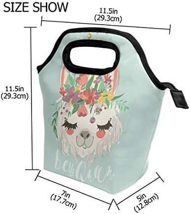 Lunch Bag Cute Llama Flower Printed Neoprene Tote Reusable Insulated Waterproof School Picnic Carrying Gourmet Lunchbox Container Organizer For Men, Women, Adults, Kids, Girls, Boys