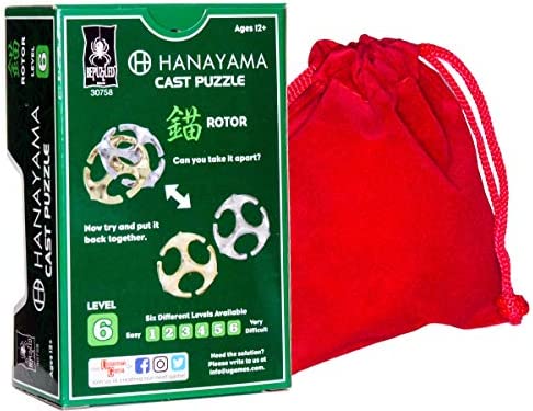 Rotor Hanayama Puzzle, New 2020 Release, Level 6 Difficulty, RED Velveteen Pouch