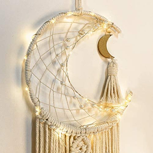 OurWarm Moon Dream Catcher Wall Decor, Macrame Wall Hanging Boho Dream Catcher with LED String Light Craft Gifts for Kids Teenage Girls Bedroom Bohemian Wedding Farmhouse Home Decor, 40 x 10 Inches