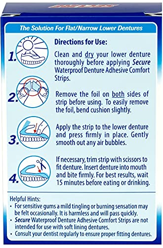 Secure Comfort Strips Waterproof Denture Adhesive - Zinc Free - Extra Firm Hold For Lower Dentures - 15 Count (Pack of 2)