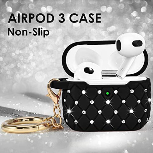Airpods 3rd Generation Case for Women, Cute Glitter Rhinestone Airpod Gen 3 Cases Hard Cover with Keychain Compatible with Apple Wireless iPod 3rd Charging Case 2021, Black