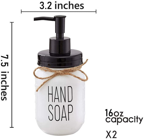 Farmhouse Glass Mason Jar Hand Soap Dispenser and Dish Soap Dispenser Set - 16 Ounce Glass Mason Jar with Plastic Pump and Lid - Rust Proof - Rustic Bathroom Accessories &Kitchen Home Decor - 2 Pack