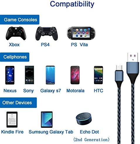 Charger for PS4 Controller Charging Cable 2PCS 10FT Nylon Braided Micro USB 2.0 High Speed Data Sync Cord for Xbox One S/X, Playstation 4, PS4 Slim/Pro Controller Charger and Play Cord