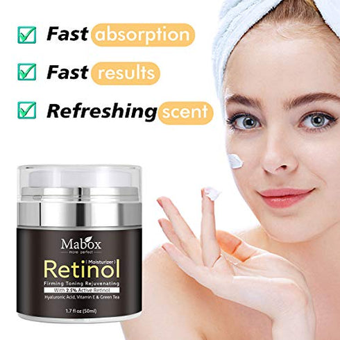 Mabox Retinol Moisturizer Cream for Face and Eye Area 1.7 Fl. Oz with Retinol, Hyaluronic Acid, Vitamin E and Green Tea for Anti Aging.Wrinkles Cream for Face ,Best Night and Day Moisturizing Cream
