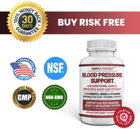 Blood Pressure Support Supplements - Healthy Heart, Cholesterol, Cardio, Hypertension, High BP - 13 Vitamins & Herbs - Folic Acid, Vitamins C B6 & B12, Hawthorn Olive Leaf Garlic Hibiscus, 90 Capsule