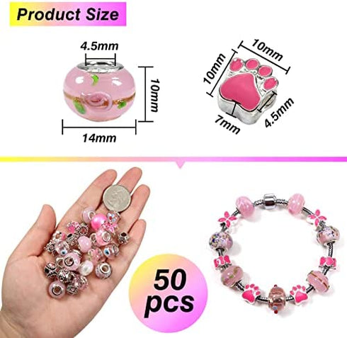 TOAOB 50pcs Pink European Large Hole Beads Spacer Glass Lampwork Craft Beads Rhinestone Metal Beads for DIY Charms Bracelet Necklace Jewelry Making