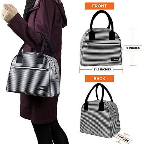 OPUX Insulated Lunch Box for Women | Lunch Bags for Women, Girls, Teens | Cute Reusable Thermal Lunch Tote Purse Cooler for Kids, School, Work, Office, Adult | Fits 12 Cans (Black White Stripes)