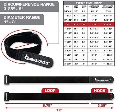 Velour Cinch Straps 2" x 12" - 6 Pack, Soft Touch Microfiber Reusable Hook and Loop