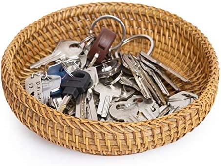 Small Key Bowl for Entryway Table Wicker Decorative Bowls Keys Holder Basket Handmade Woven Display Wall Baskets Rattan Fruit Candy Wallet Storage Organizing Kitchen Countertop (XS: 7.3" Set 1)