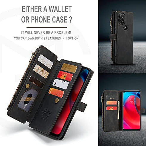 HAII Case for Moto G Stylus 5G 2021, Flip Leather Wallet Case with 10 Card Slot Holder Zipper Pocket Kickstand Magnetic Closure Shockproof Flip Folio Cover for Moto G Stylus 5G 2021 (Black)