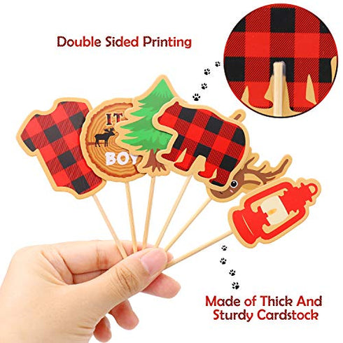 Lumberjack Baby Shower Cupcake Toppers Decorations, Buffalo Plaid Winter It's a Boy Gender Reveal Lumberjack Themed Cake Party Supplies, 48pcs