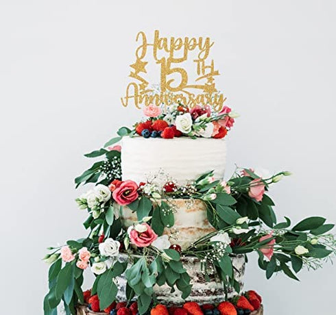 Gold Glitter Happy 15th Anniversary Cake Topper for Wedding Anniversary/Anniversary Party/Happy Birthday Party Decorations