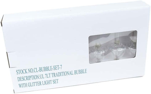 Novelty Lights, Inc. CL-Bubble-Set-7 Tradtional Bubble Light and Stringer Set, 7 Clear Bubble Fluids with Silver Glitter, Green Wire, C7/E12 Candelabra Base, 7 Pack