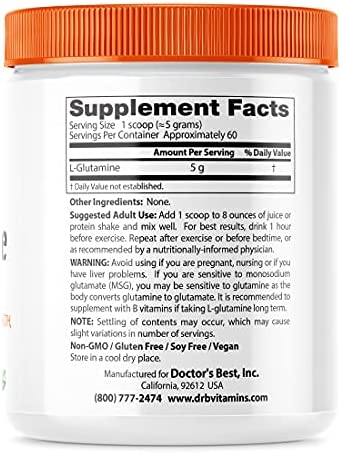 Doctor's Best Pure L-Glutamine Powder, Supports Muscle Mass, Strength & Post-Workout Recovery, Amino Acid, 300g