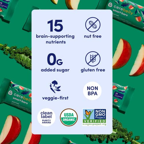 Cerebelly Toddler Snack Bars – Apple Kale (Pack of 5), Healthy & Organic Whole Grain Bars with Veggies & Fruit, 15 Brain-supporting Nutrients from Superfoods, Nut Free, No Added Sugar, Made with Gluten Free Ingredients