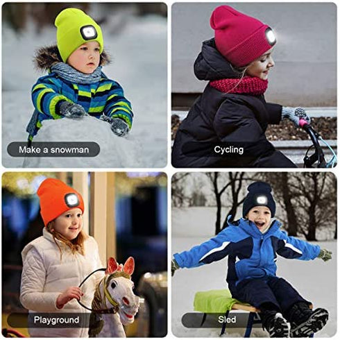 Beanie Hat with Light for Kids, USB Rechargeable Hands Free LED Headlamp Cap Winter Knitted Night Lighted Hat Flashlight