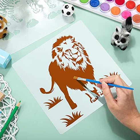 9 Pieces Animal Stencil Templates Reusable Animal Painting Stencil Bear Tiger Elephant Horse Lion Giraffe Zebra Rhino Deer Craft Drawing Template for Greeting Card Scrapbook Wall Art (8 Inch)